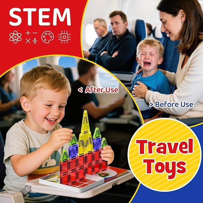 WMXDU Mini Magnetic Tiles with Iron Case, Magnetic Building Toys Kid's Travel Essential Portable Creativity On-The-Go Magnet Blocks STEM Travel Toys for Toddler Boys Girls Ages 3+, 26-Piece