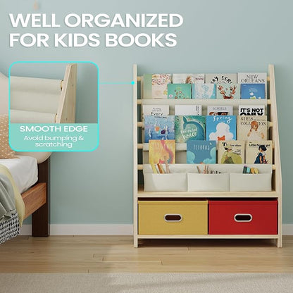 EXPERLAM 4 Tier Kids Book Shelf, Wooden Kids Book Rack Storage Bookshelf with Toy Storage Organizer, Toddler Sling Bookshelf for Boys, Girls, Play Room, Nursery, Red/Yellow