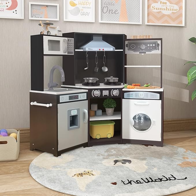 TaoHFE Corner Play Kitchen with Lights & Sounds Brown Kitchen Kids Toddler Kitchen Set with Washer, Chalkboard Wooden Kitchen Kids Playset with Washing Machine Range Hood Boys Gift for Ages 3+