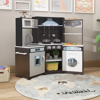 TaoHFE Corner Play Kitchen with Lights & Sounds Brown Kitchen Kids Toddler Kitchen Set with Washer, Chalkboard Wooden Kitchen Kids Playset with Washing Machine Range Hood Boys Gift for Ages 3+