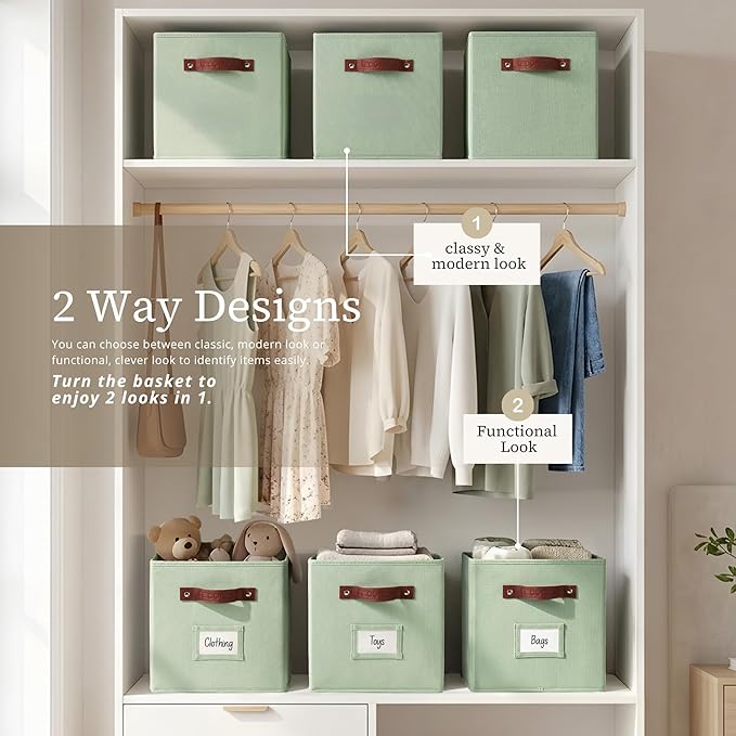 DECOMOMO Storage Baskets, 13x15x13 Storage Cube Bins with Labels for Organizing Shelves Kallax (Kallax / 4pcs, Sage Green)