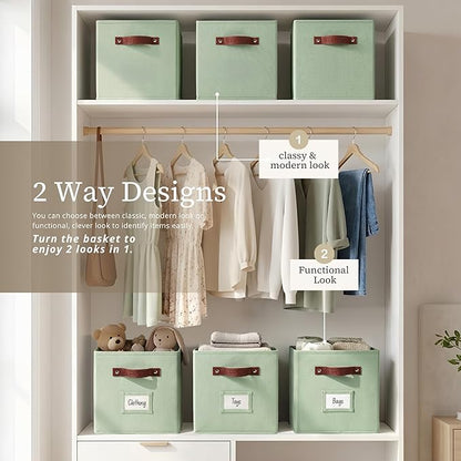 DECOMOMO Storage Bins, Cube Storage Bin with Labels, Fabric Storage Cubes for Shelves (10.5" x 11" / 2pcs, Sage Green)