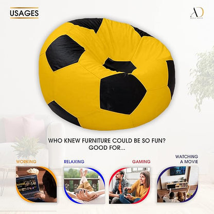 Ample Decor Soccer Bean Bag Cover (Filler Not Included), Leatherette Durable Double Stitched Material Sturdy Zippers, Ideal for Children and Teenagers - Yellow and Black