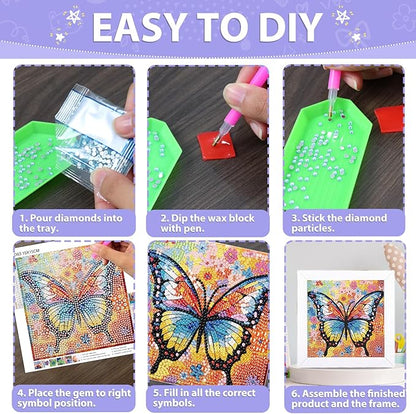 hkejoi Butterfly Diamond Art Painting Kits for Kids with Frame,Butterfly Diamond Art for Kids Ages 4-6-8-12,Easy Kids Gem Art Kit with Cartoon Box for Gift Home Wall Decor 7x7 inch