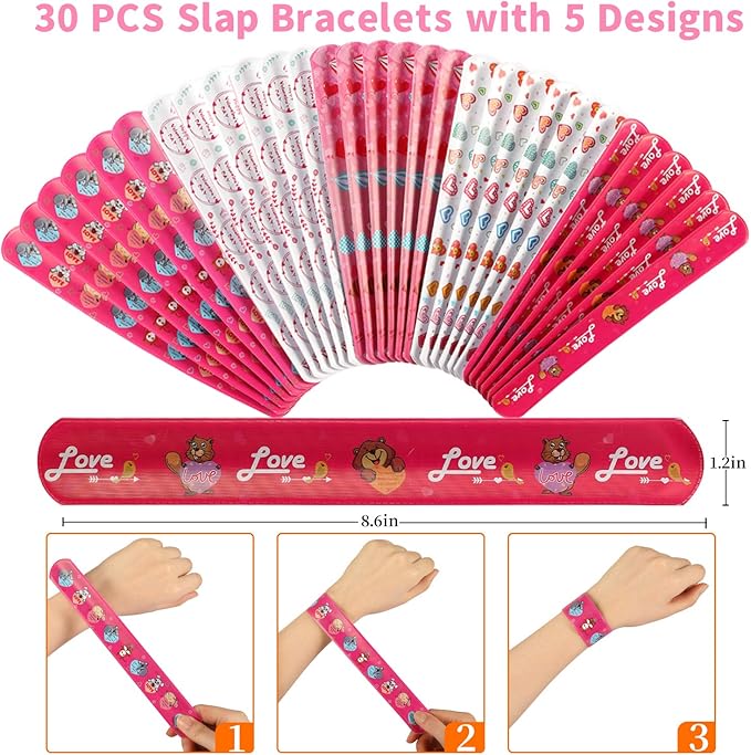 Mibor Valentines Day Cards for Kids - 30 Slap Bracelets + 30 Valentines Cards for Kids Class, 6 Cute Animals Patterns Cards, Kids Valentines Day Cards for School Classroom Valentines Day Decorations
