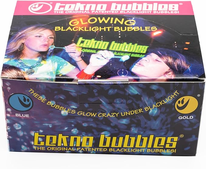 Atomic Bubbles: Tekno Bubbles - 12 Pack (6 Gold, 6 Blue) - 4oz Bottles, UV Blacklight Glow Bubbles, Glow Parties, Indoor & Outdoor, Kid Safe Non-Toxic