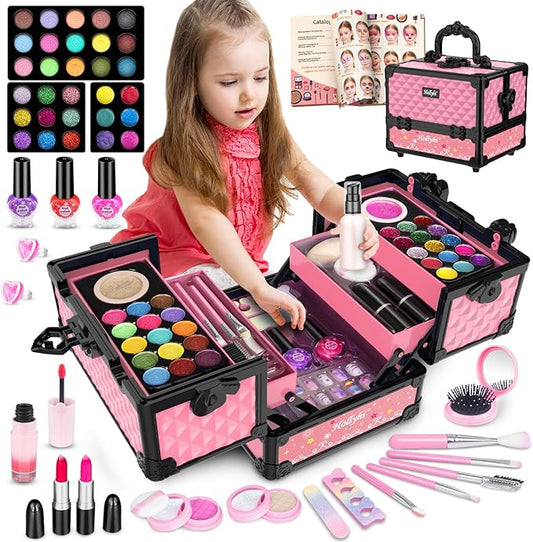 Hollyhi 59Pcs Kids Makeup Kit for Girl, Washable Play Makeup Toys Set for Dress Up, Beauty Vanity Set with Cosmetic Case Birthday Toys for Girls 3 4 5 6 7 8 9 10 11 12 Year Old Kids Toddlers ( Pink )