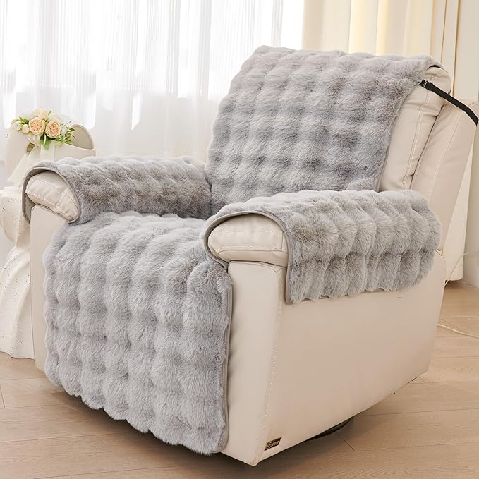 vctops Faux Fur Fluffy Recliner Chair Slipcover Faux Rabbit Fur Non Slip Sofa Cover Super Soft Plush Thick Couch Cover Furniture Protector with Elastic Straps for Kids, Dogs, Pets(Light Grey,24")