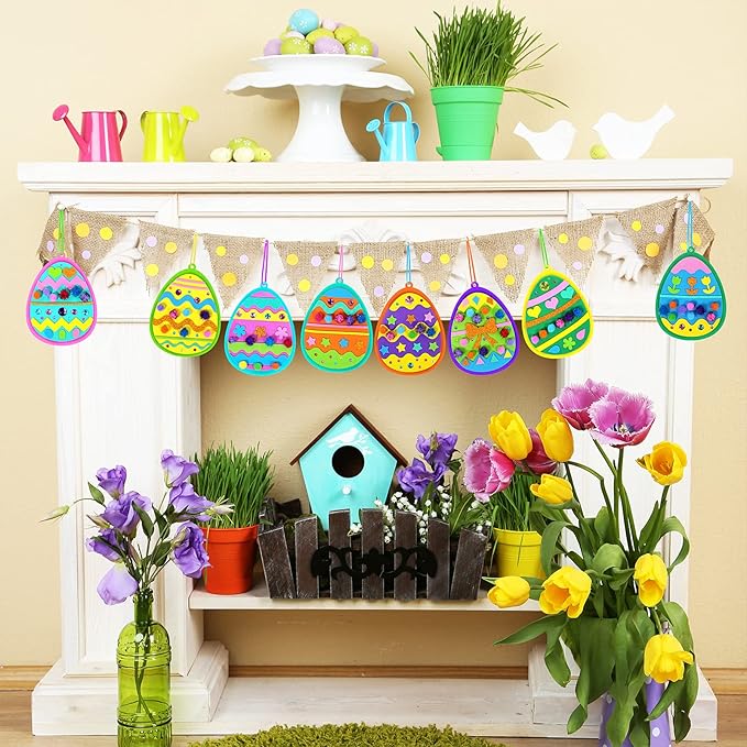 24 Sets Easter Egg Ornaments Decorations DIY 3D Easter Craft Kits Assorted Foam Easter Egg Shaped Ornaments Easter Stickers Pom-poms for Kids Party Favors Easter Spring Classroom Activity Art Project