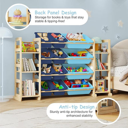 EXPERLAM Extra Large Toy Storage - Toy Storage Organizer, Wooden Toy Organizer with 6 Side Shelves and 12 Bins, 3-in-1 Bookshelf for Kids Rooms, Bedroom, Playroom, Nursery, Blue