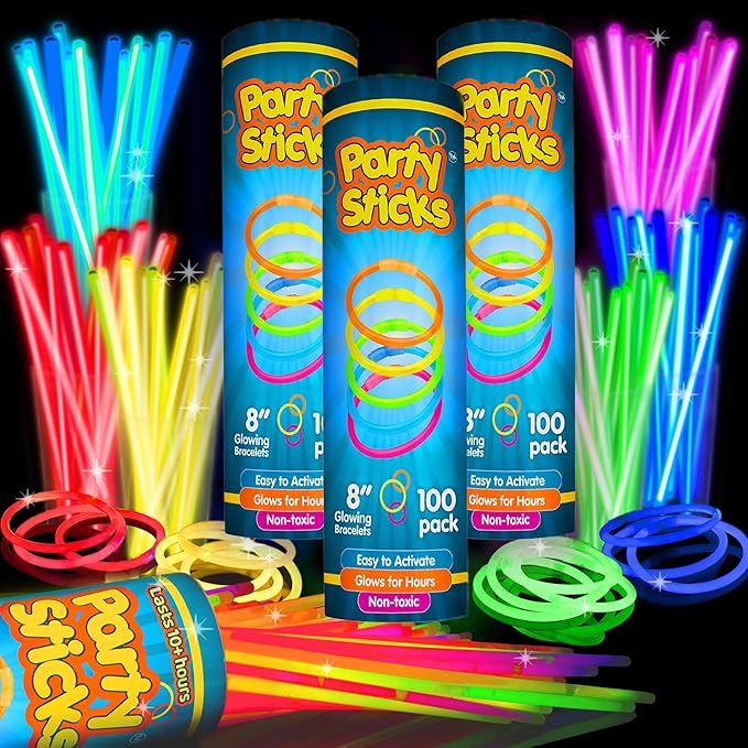 PartySticks Glow Sticks Jewelry Bulk Party Favors 300pk and Connectors - 8" Glow in The Dark Party Supplies, Neon Party Glow Necklaces and Glow Bracelets for Kids and Adults