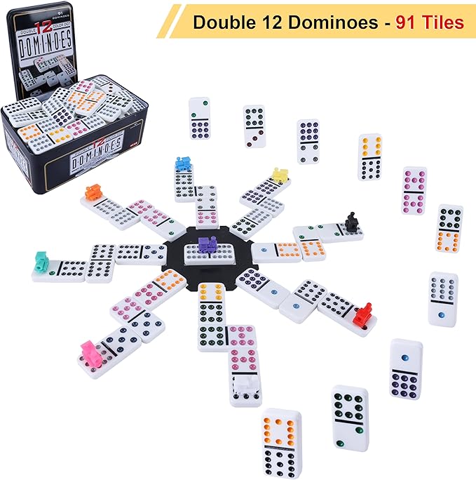 Double 12 Mexican Train Dominoes Set for Adults with 8pcs Wooden Trays, 9 Train Markers, 91 Color Dot Tile Dominos in Tin Box & Hub - Classic Family Board Game Set Party Toy Gift for Kids