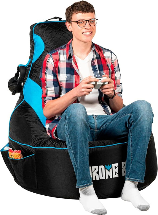 Gaming Bean Bag Chair for Adults [Cover ONLY No Filling] with High Back - Fun Gaming Sofa - Bean Bag Chairs for Adults and Teens - Dorm Chair - Gamer Beanbag Gaming Chair with Cup Holder (Black/Blue)