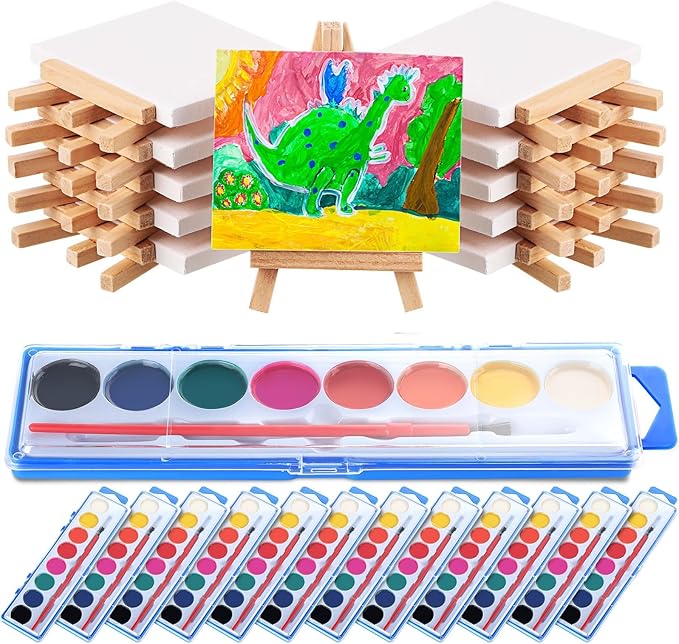 Fuutreo Watercolor Paint Sets 3x4 Mini Canvas Easel Paints Brush Set Kids Art Party Favors and Party Supplies Watercolor Paint Party Favors Washable Watercolor Bulk for Kids Birthday Prizes (24 Pcs)