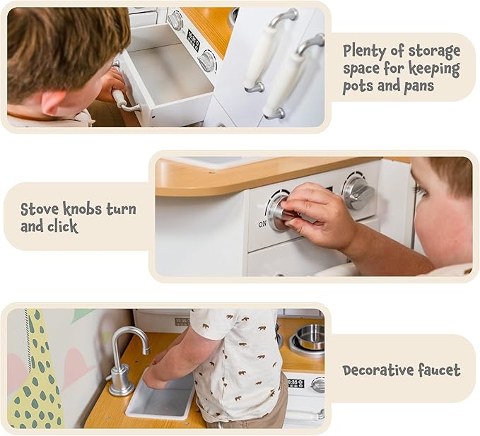 Sunnydaze Cozy Corner Interactive Play Kitchen Set for Kids - Wooden Kitchen Playset with Stainless Steel Accessories - White