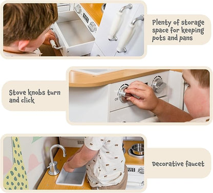 Sunnydaze Cozy Corner Interactive Play Kitchen Set for Kids - Wooden Kitchen Playset with Stainless Steel Accessories - White