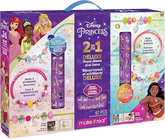Make It Real Disney Princess 2 in 1 Deluxe Royal Jewels & Gems - Disney Princess Craft Kit with Disney Charms & Beads - Disney Princess Jewelry Making Kit for Girls 8-10-12-14