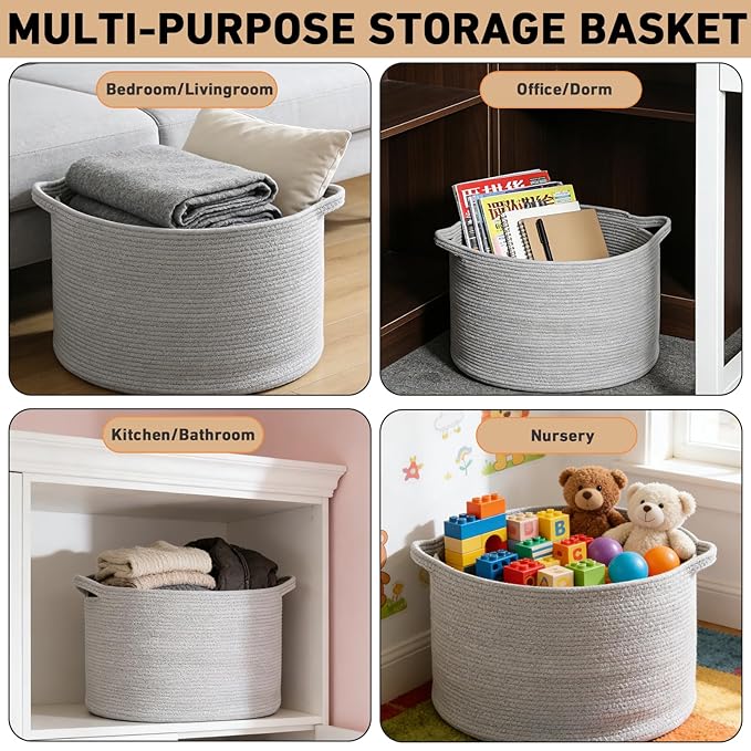 90L Extra Large Blanket Basket,Rope Woven Storage Basket with Handles, Laundry Hamper for Toys, Clothes, Pillows & Towels, Perfect for Living Room, Nursery & Bedroom,Light Grey