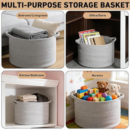 90L Extra Large Blanket Basket,Rope Woven Storage Basket with Handles, Laundry Hamper for Toys, Clothes, Pillows & Towels, Perfect for Living Room, Nursery & Bedroom,Light Grey