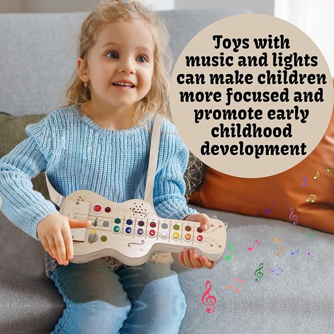 LED Busy Board, Wooden Sensory Toys for Toddler, Montessori Music Toy for Airplane, Travel Activity Educational Learning Toy, Busy Light Switch Autism Toys, Birthday Boys Girls Gifts