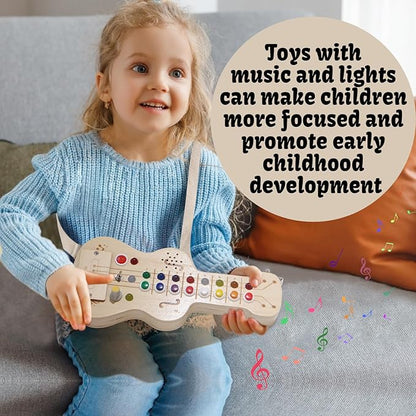 LED Busy Board, Wooden Sensory Toys for Toddler, Montessori Music Toy for Airplane, Travel Activity Educational Learning Toy, Busy Light Switch Autism Toys, Birthday Boys Girls Gifts