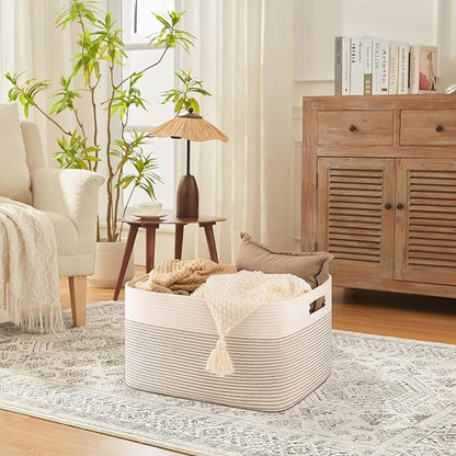 75L Large Cotton Rope Basket, Soft Toy Storage Bin for Nursery & Living Room, Decorative Blanket Basket for Bedroom, Baby-Safe Organizer for Pillows &Laundry, 22''×17''×12'', Black & White
