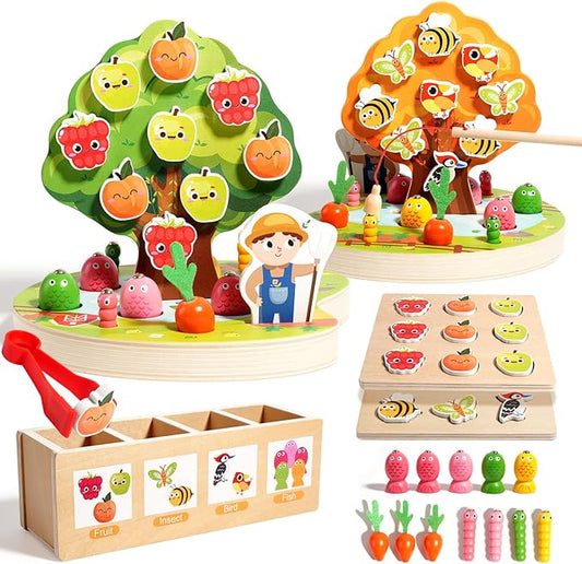 INIFEIDALA Montessori Wooden Preschool Educational Toy Ages 3-5 - Apple Picking Magnetic Fruit Tree, Shape Color Sorter, Carrot Harvest & Fishing Game - Fine Motor Skills Development
