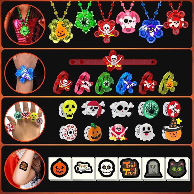 84 PCS Halloween Party Favors for Kids, Halloween Glow in the Dark Toys Rotating Spin Light Up Bracelets Necklaces Rings Decorations, Halloween Trick or Treats Goodie Bag Fillers Party Supplies