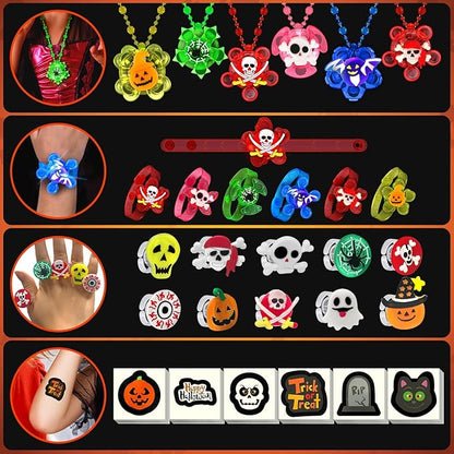 84 PCS Halloween Party Favors for Kids, Halloween Glow in the Dark Toys Rotating Spin Light Up Bracelets Necklaces Rings Decorations, Halloween Trick or Treats Goodie Bag Fillers Party Supplies