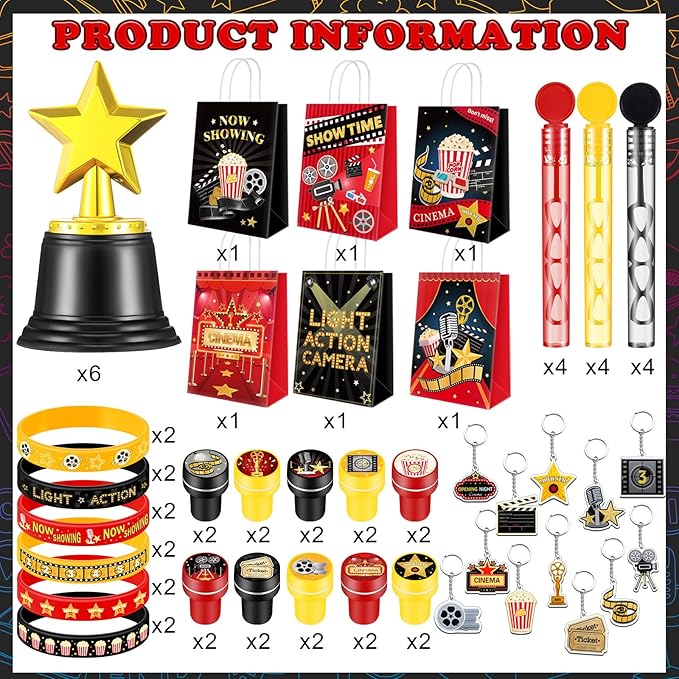 68 Pcs Movie Night Party Favors Movie Night Gift Bags Movie Stampers Silicone Bracelets Keychains Star Trophy Awards Bubble Wands for Movie Night Crazy Birthday Party Gift Goodie Bag Fillers