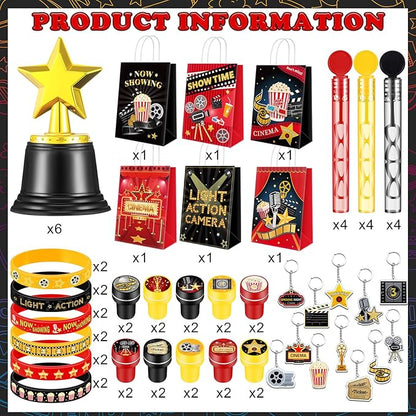 68 Pcs Movie Night Party Favors Movie Night Gift Bags Movie Stampers Silicone Bracelets Keychains Star Trophy Awards Bubble Wands for Movie Night Crazy Birthday Party Gift Goodie Bag Fillers
