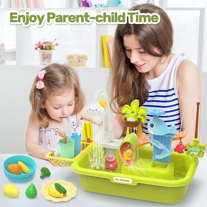HOLYFUN Play Sink with Running Water, Kitchen Sink Toys with Upgraded Electric Faucet, Water Slide Track, Baby Dishwasher, Kids Fishing Toys, Role Play Sink Toy for Toddler Boys and Girls
