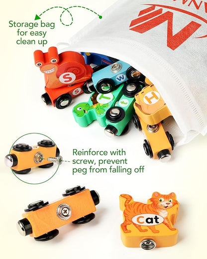Vanmor Wooden Train Set for Toddlers - Snap-Connection Animal Trains, Magnetic Alphabet Train Learning Toys, STEM Preschool Toys, ABC and Animal Play Set for Kids Ages 3-5