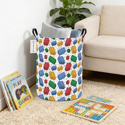 QUEENLALA Large Storage Basket,Laundry Hamper/Bathroom/Home Decor/Collapsible Round Storage Bin,Boys and Girls Hamper/Boxes/Clothing(Round-Blocks)