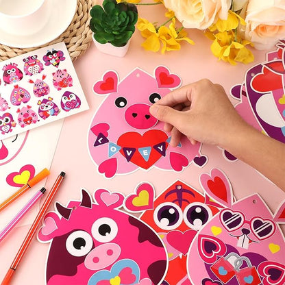 Qyeahkj 36 Sets Valentine's Day Animal Crafts for Kids DIY Valentines Craft Paper Kits Make Your Own Heart Owl Tiger Rabbit Bee Frog Bear Set for Valentine Spring Party Activity Game Toys