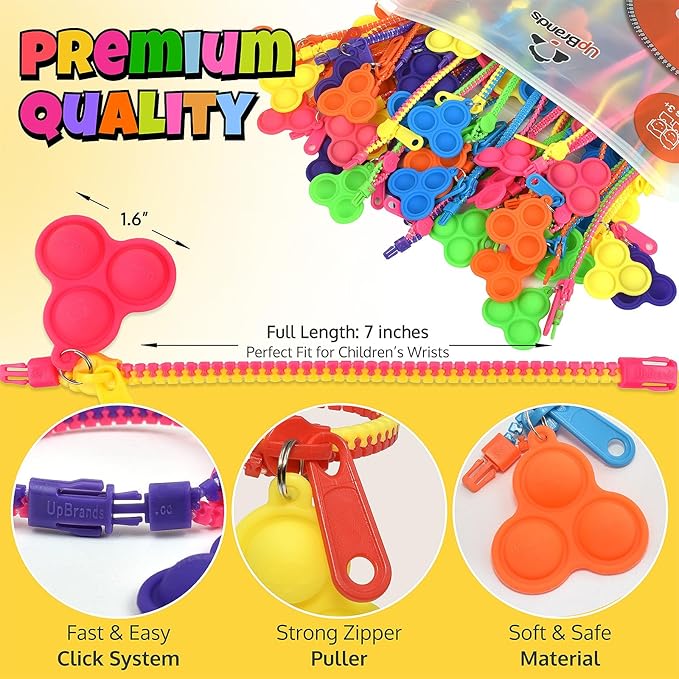 UpBrands 96 Bubbles Party Favors For Kids, Upgraded Fidget Pop-it Zipper Bracelets, Stress Relief and ADHD Fidget Toys For Kids, Kit For Goodie Bag