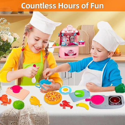 Awsoo Girl Toys Kitchen Playset for Toddlers 3, Portable and Multi-Functional Kitchen Playset with Toys Food, for Kids 3,4, 5, 6 Birthday Gift for Girls