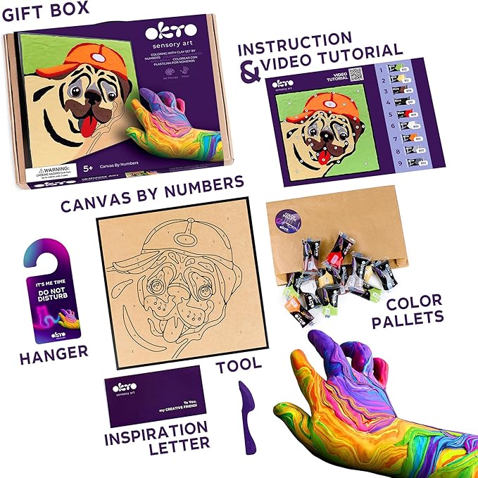Okto Paint by Numbers for Children - Kid's Paint by Numbers Kits with Air Dry Clay, Unique 2D Wall Art, Sensory Canvas, Pug Themed, Framed Animal Kit for Age 5+