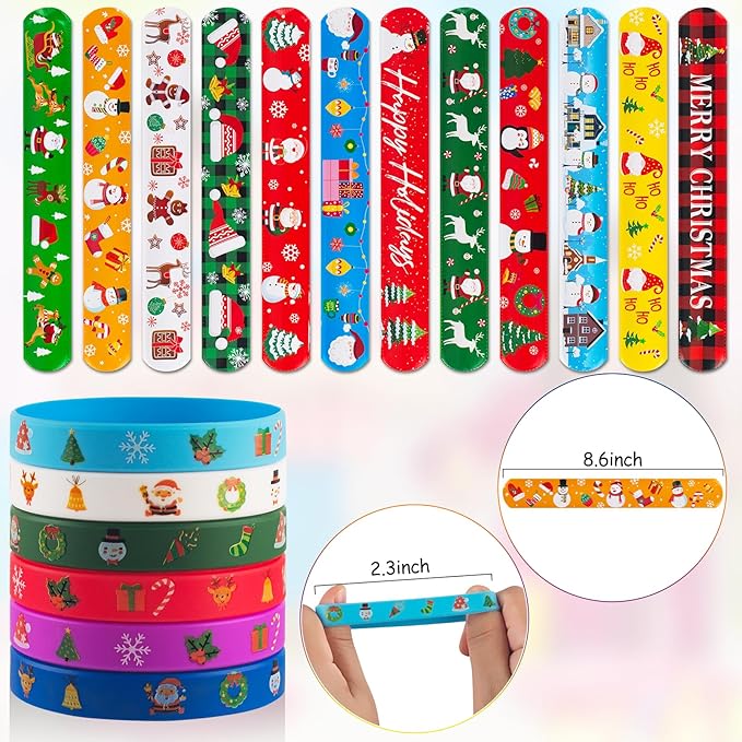 48 PCS Christmas Slap Bracelets and Rubber Bracelets for Kids Holiday Party Favors Bracelets Silicone Wristbands for Birthday Party Supplies Boys and Girls'Santa Gifts Xmas Stocking Stufers