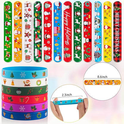 48 PCS Christmas Slap Bracelets and Rubber Bracelets for Kids Holiday Party Favors Bracelets Silicone Wristbands for Birthday Party Supplies Boys and Girls'Santa Gifts Xmas Stocking Stufers