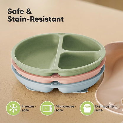 KeaBabies Suction Plates for Baby, Toddler - 3-Pack 100% Silicone Toddler Plates, Divided Baby Plates with Suction, Silicone Plates for Baby, Kids, BPA-Free, Microwave, Dishwasher Safe (Mellow)