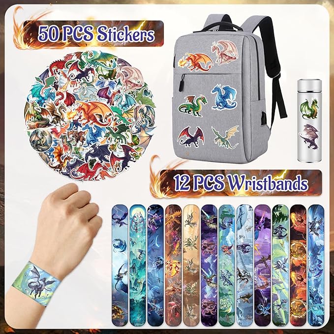 74 PCS Dragon Party Favors, 24 PCS Dragon Slap Bracelets 50 PCS Dragon Stickers Dragon Birthday Party Decorations Supplies Gifts for Kids Classroom Rewards