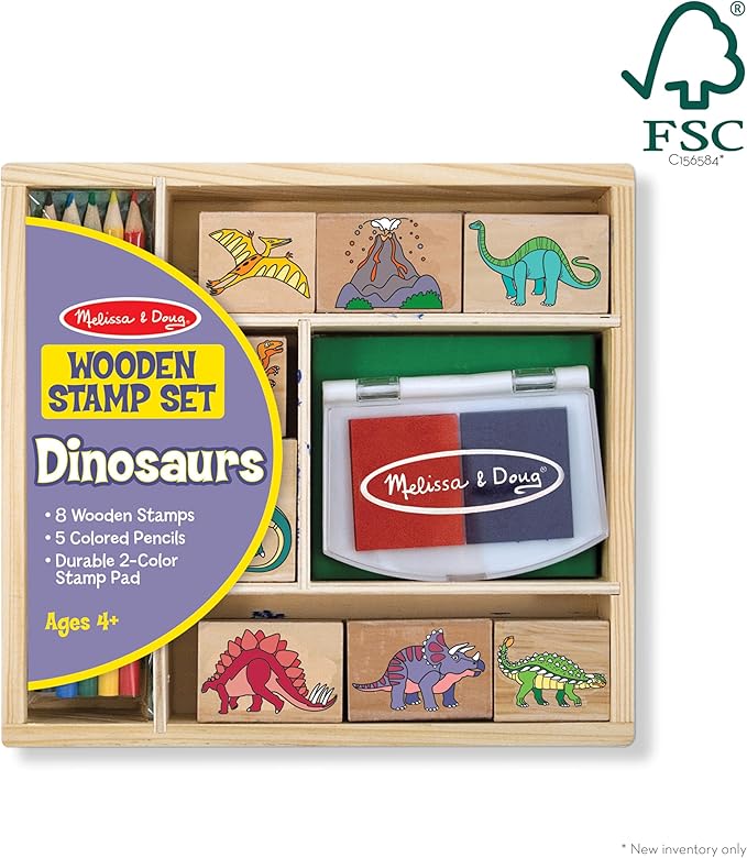 Melissa & Doug Wooden Stamp Set: Dinosaurs - 8 Stamps, 5 Colored Pencils, 2-Color Stamp Pad Kids Arts And Crafts, Washable Ink Pads For Kids, Dinosaur Stamps For Ages 4+ - FSC-Certified