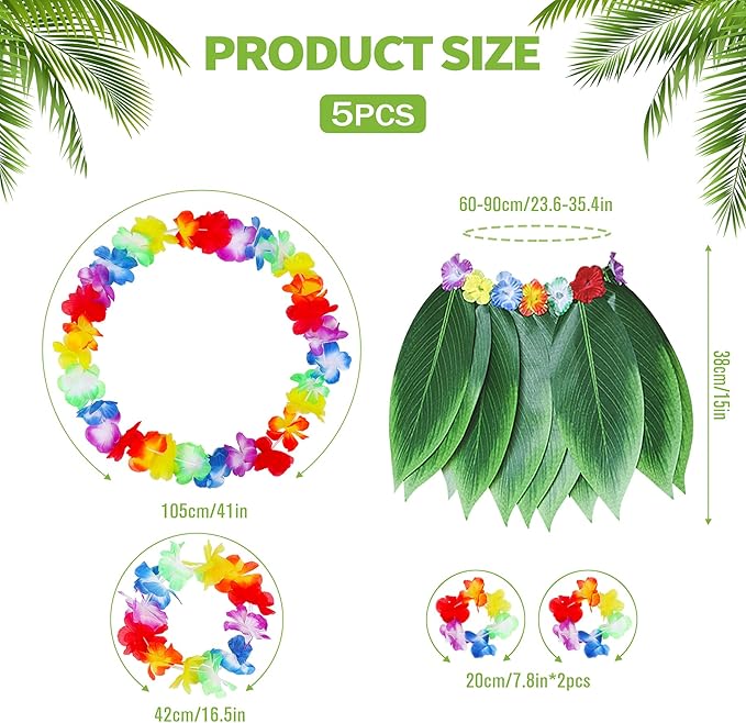 Fortuning's JDS Boys Girls Hawaiian Flowers Leaf Grass Skirts Garland Costume Set Beach Party Favors
