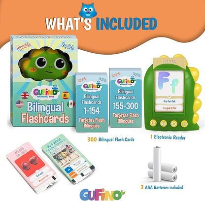 GUFINO Talking Flash Cards for Toddlers – 300 Fun and Interactive English & Spanish Flash Cards to Strengthen Cognitive Abilities & Boost Language Development – Learning Toys for Quality Family Time
