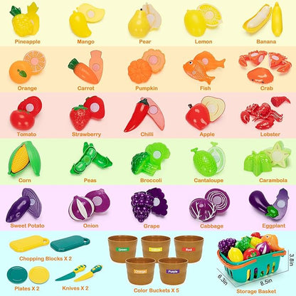 Play Food Set for Kids Kitchen- 68 Pcs Kitchen Food Toy for Toddlers, Cutting & Color Sorting Fake Food/ Fruit/ Vegetable Accessories, Birthday Gifts for 2 3 4 5 Years Old Boys Girls