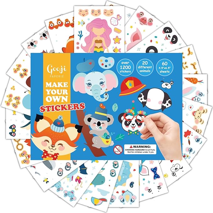 Gooji DIY Make Your Own Stickers for Kids, 60 Sheets Over 1,200 Stickers, 20 Funny Characters and Animals, Customizable Faces with Accessories, Reusable for Party Favors or Arts and Crafts Projects