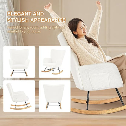 VECELO Nursery Rocking Chair Teddy Upholstered Modern Glider Rocker Padded with High Backrest Armchair Comfy Side Pocket for Living Room Bedroom Balcony Offices, White