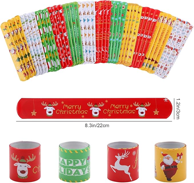 96PCS Christmas Slap Bracelets, Xmas Party Favor Decoration 24 Styles Santa Claus Reindeer Snowflake Snowman