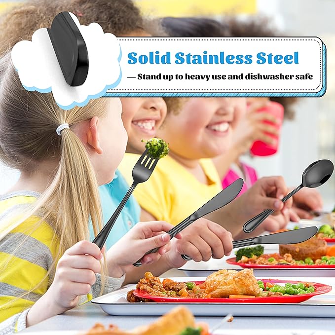 12-Piece Black Kids Silverware, E-far Stainless Steel Toddler Kids Utensils Safe for Preschooler/Children, Includes 4 Forks 4 Spoons 4 Knife, Slimline Look & Small Size, Healthy & Rust Free